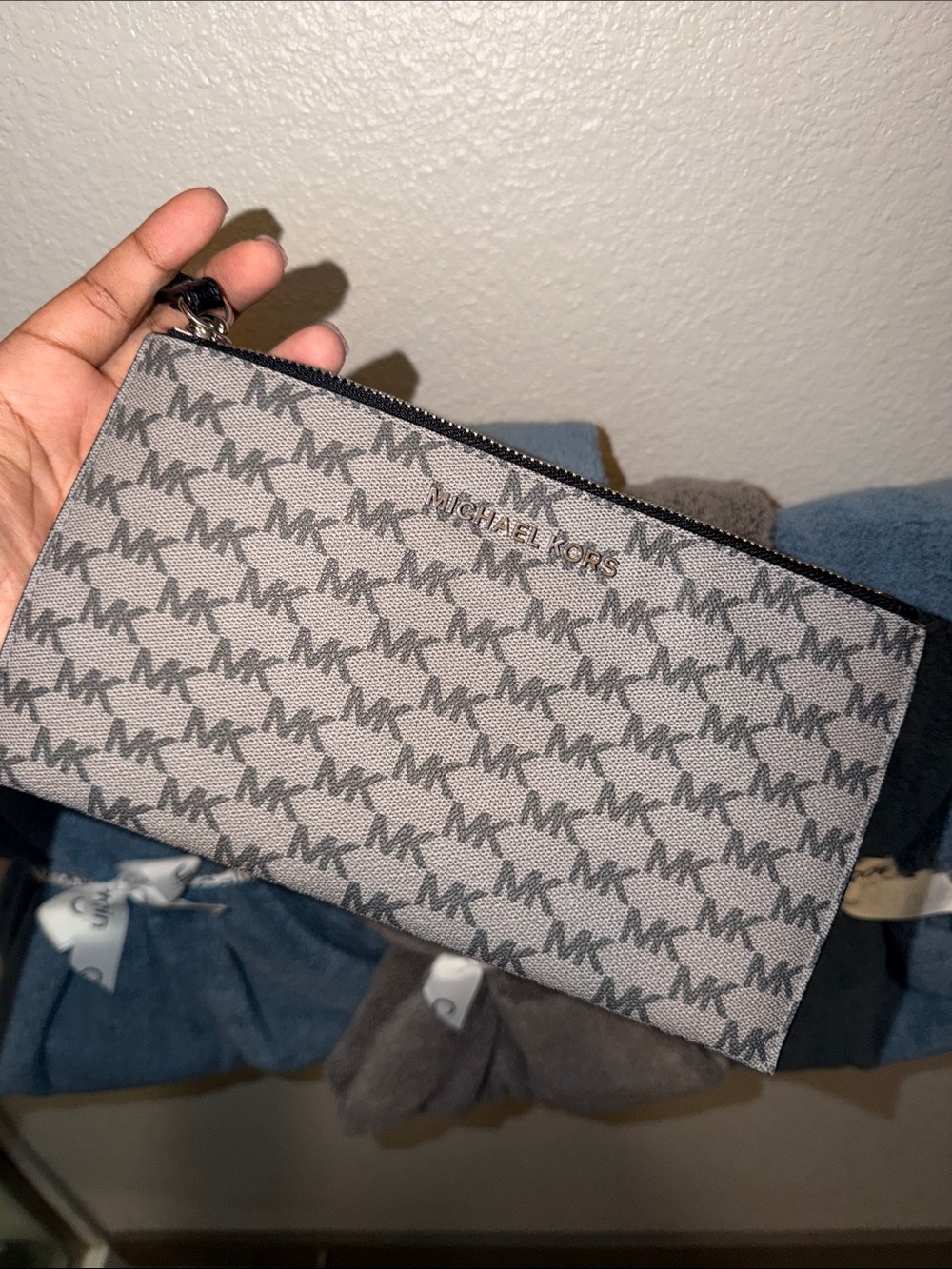 Michael Kors Gray MK Logo Wristlet with Black Trim